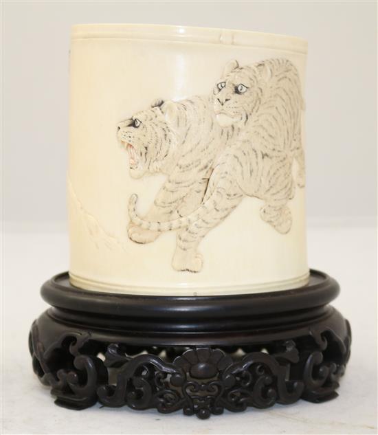 A Japanese ivory tusk vase, early 20th century & stand